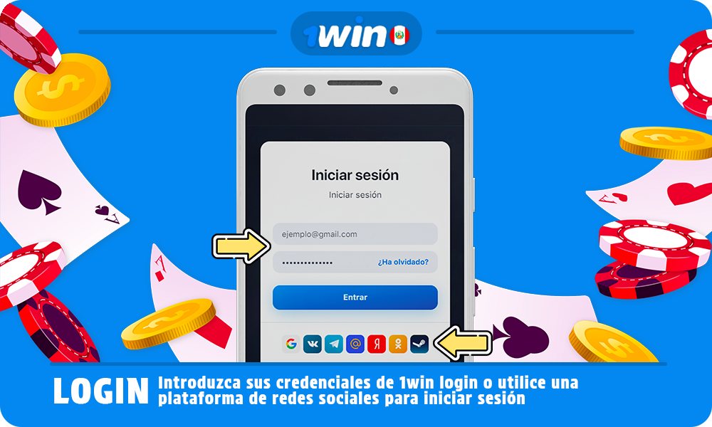 Introduce tus credenciales o utiliza una plataforma de redes sociales para iniciar sesión en 1win Perú
