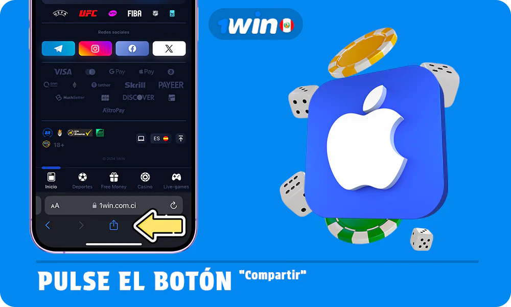 Para comenzar a descargar 1win para iOS, haga clic en el botón compartir