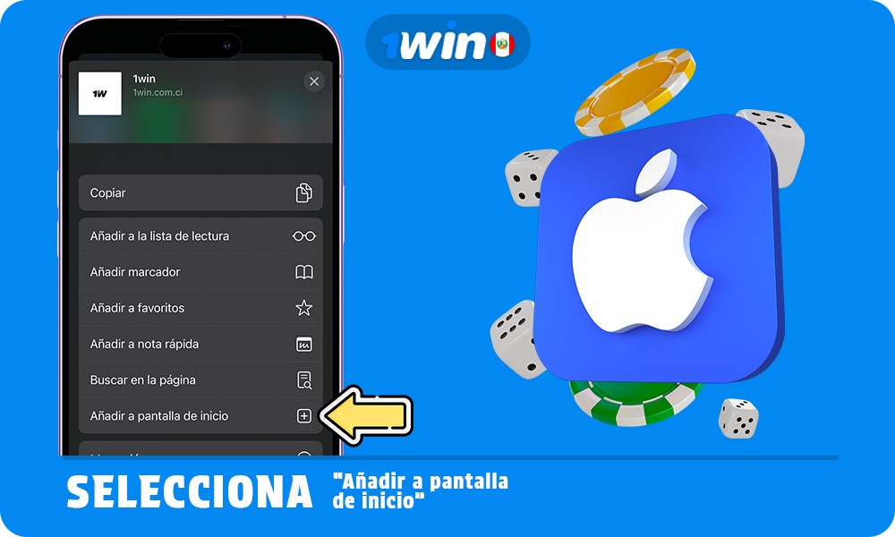 Seleccione agregar a la pantalla de inicio 1win para iOS