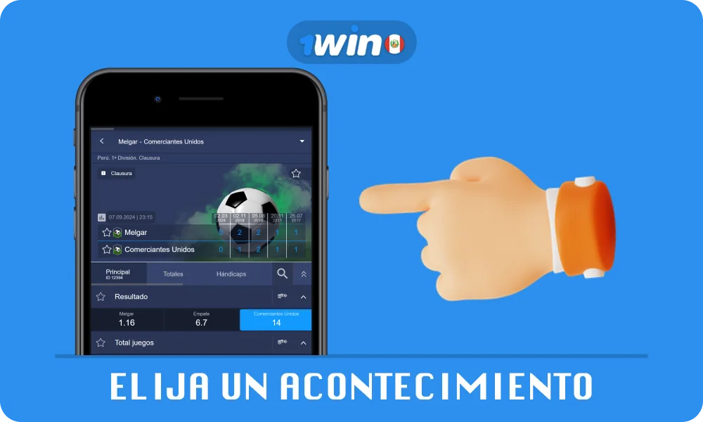 Luego de registrarte y realizar un depósito en 1win en Perú, ve a la sección "Deportes" o En vivo, selecciona Fútbol, selecciona el evento, mercado deportivo y probabilidades