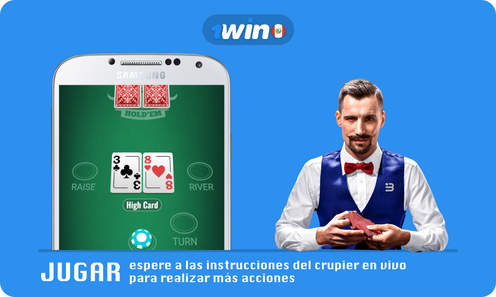 Para jugar al poker online en 1win en Perú, espera a que un crupier en vivo reparta las cartas y sigue sus instrucciones