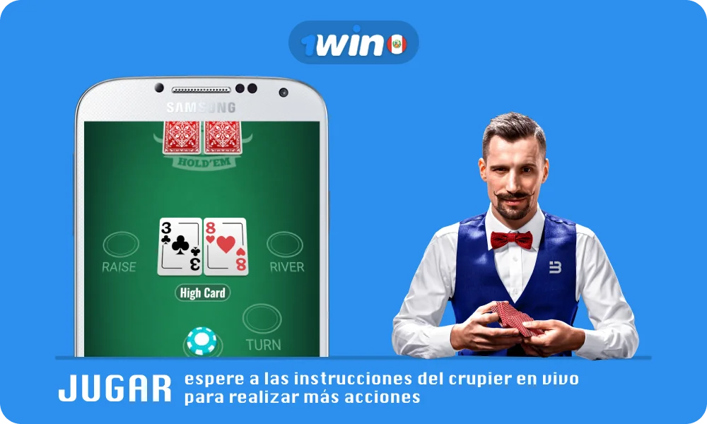 Para jugar al poker online en 1win en Perú, espera a que un crupier en vivo reparta las cartas y sigue sus instrucciones