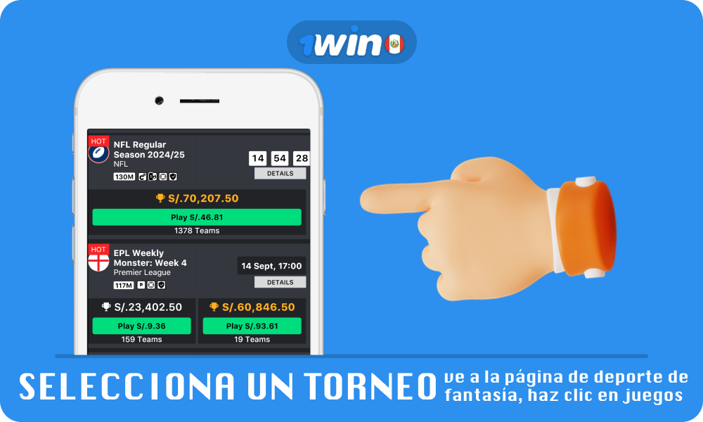 Para comenzar a apostar en deportes de fantasía, ingresa a la página de deportes de fantasía en 1win Perú, selecciona un torneo, haz clic en Juegos, haz clic en el botón verde de iniciar sesión y paga la cuota de inscripción para participar