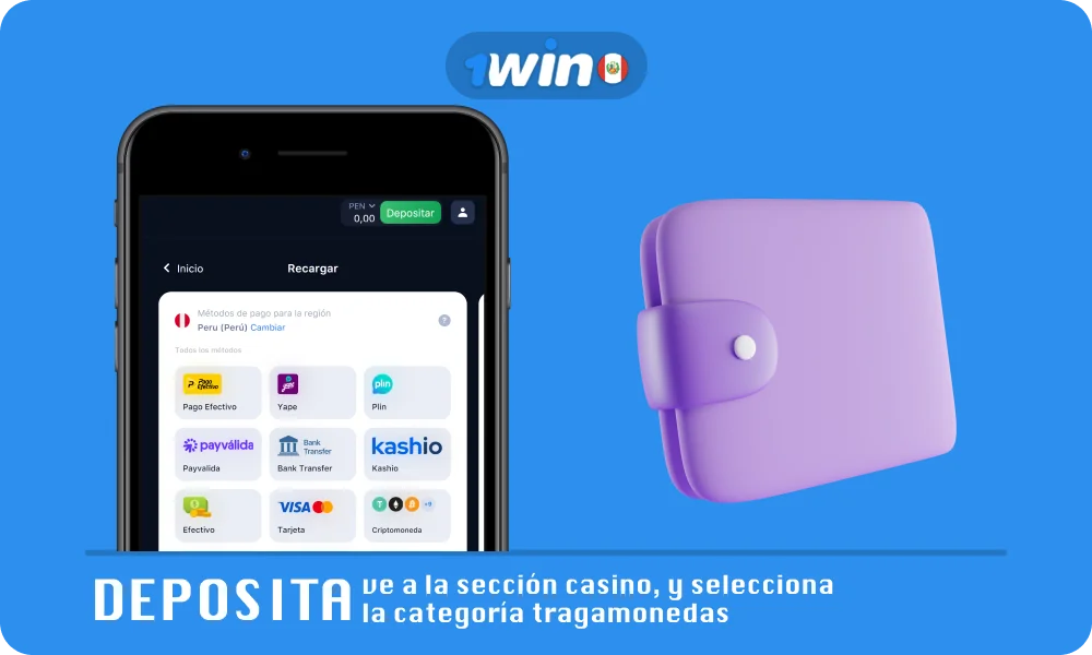 Para jugar a las máquinas tragamonedas de 1win Perú, realiza un depósito de S/5, ingresa a la sección Casino y selecciona la categoría Slots