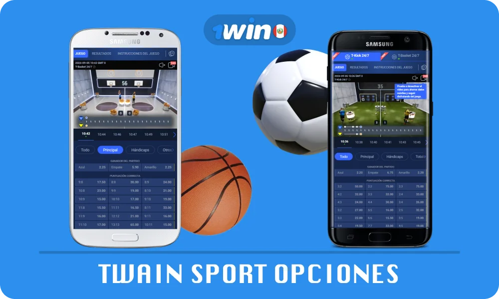 1win Twain Sport incluye T-Kick (fútbol) y T-Basket (baloncesto), donde dos jugadores compiten por patadas o tiros precisos desde tres posiciones