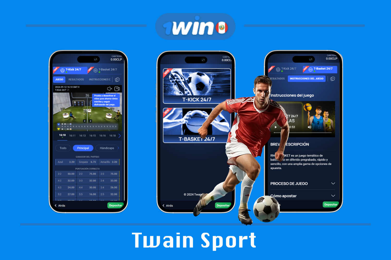 Twain Sport ofrece minijuegos de fútbol y baloncesto en los que los usuarios de Perú pueden apostar por los resultados de dos jugadores en rondas rápidas