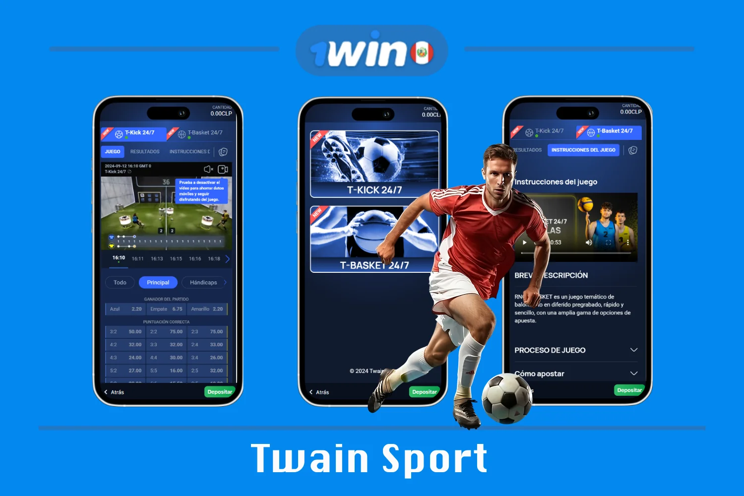 Twain Sport ofrece minijuegos de fútbol y baloncesto en los que los usuarios de Perú pueden apostar por los resultados de dos jugadores en rondas rápidas