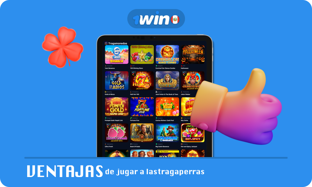 Los beneficios de jugar tragamonedas en 1win Perú incluyen un bono de bienvenida de hasta S/2,170, una gran selección de más de 10,000 tragamonedas, juegos de más de 100 proveedores autorizados y participación en promociones y torneos de casino